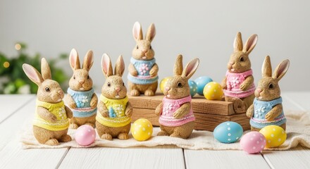 Group of seven wooden easter bunnies wearing colorful dresses standing on a white wooden table with easter eggs around a wooden crate soft natural lighting