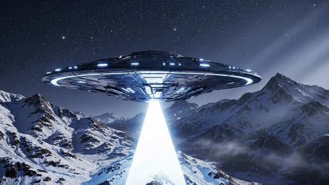 Spaceship lands on snowy mountain at night with bright light shining from below