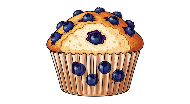 Illustration of a Blueberry Muffin with Golden Crust on White Background