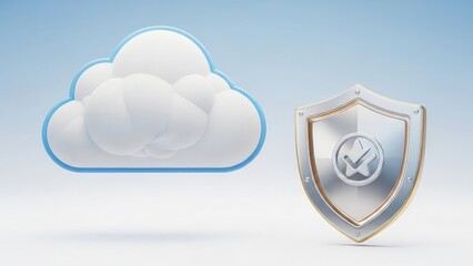 Cloud storage security concept with shield and cloud icon on gradient blue background