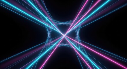 Vibrant neon lights intersecting in a futuristic abstract background with bright blue and pink rays against a dark space