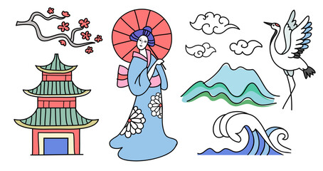  set of vector hand drawn japanese icons. Line art design