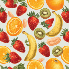  Vibrant fruit pattern with strawberries, oranges, bananas, and kiwis isolated on transparent background