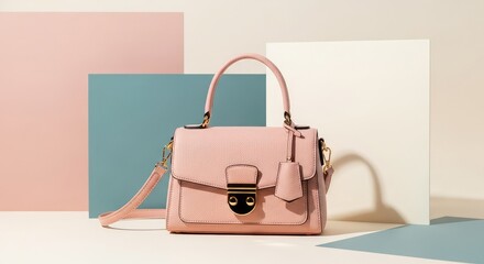 Luxury pink leather handbag with gold hardware and shoulder strap elegantly displayed against pastel colored background with soft lighting
