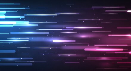 Vibrant neon lights streak across a dark background with blue and pink hues creating a futuristic and dynamic atmosphere