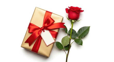 Gift box with red ribbon and single long stem red rose on white background symbolizing love and appreciation with elegant packaging