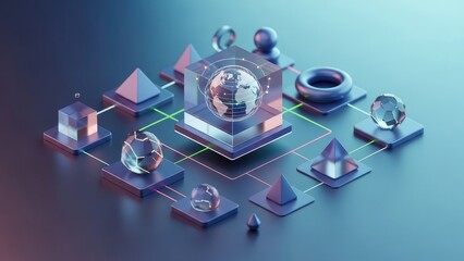 Futuristic 3d rendering of abstract geometric shapes and glass orbs on a blue gradient background with neon grid lines and reflective surfaces