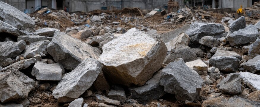Abandoned construction site littered with crumbling concrete debris remnants and jagged fragments.