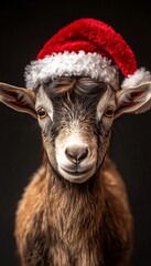 Cheerful goat in a Santa hat celebrating Christmas, perfect for festive holiday greeting cards.