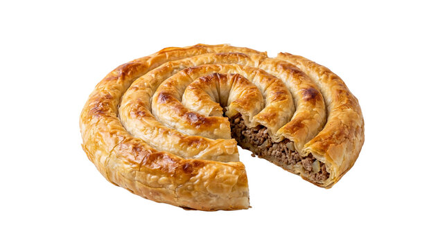 Spiral burek with minced meat filling, traditional Balkan pastry isolated PNG with Transparent Background
