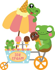 Naklejka premium Adorable Green Frogs Selling Sweet Ice Cream Treats