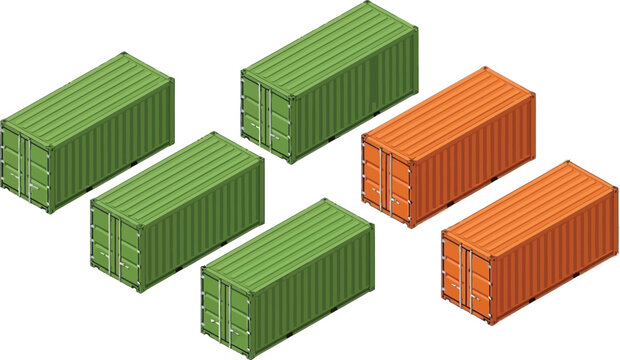 Shipping containers in contrasting green and orange colors are arranged in an isometric view.