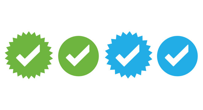 Assorted approval symbols with checkmarks in green and blue circular badges displayed together