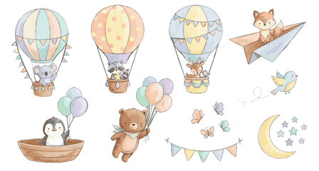 Watercolor nursery clipart with hot air balloons and cute animals. Baby sets.Collection of Vector illustrations. Perfect for invitation, card, poster, banner, decoration © maria