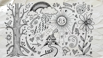 Fototapeta premium Whimsical black and white doodle of a cheerful sun and rainbow depicts a happy, positive.