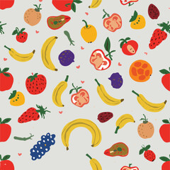  Colorful fruit pattern with bananas, strawberries, and apples isolated on transparent background