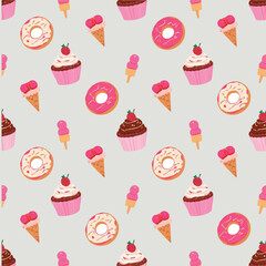  Colorful pattern of donuts, cupcakes, and ice cream cones isolated on transparent background