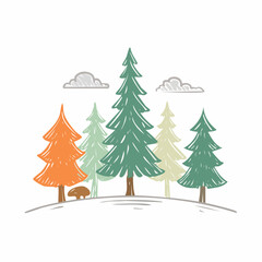 Fototapeta premium Illustration of forest trees and wildlife in a serene natural landscape from a distant viewpoint