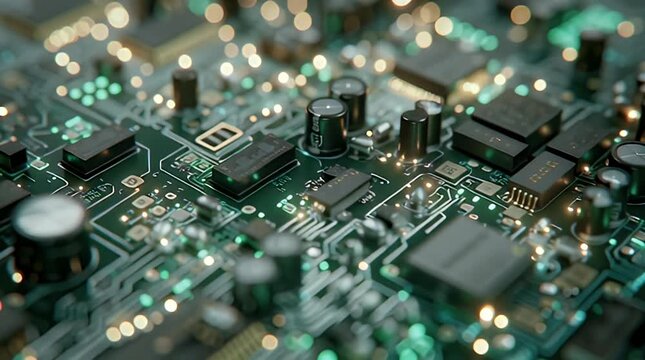 A close-up of a circuit board illuminated with teal and golden bokeh. Detailed and sophisticated, featuring capacitors and chips