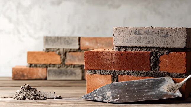 A close-up shot of bricklaying in progress. Bricks are in various stages of being laid using a trowel, resting on a wooden surface