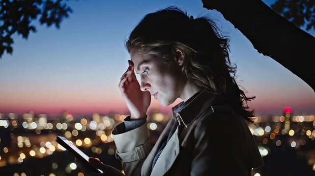 Woman Experiencing Stress While Using Smartphone at Night