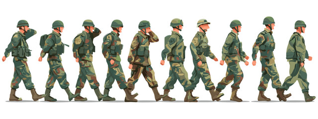 Obraz premium group of military people standing in a line flat style vector illustration isolated on white background