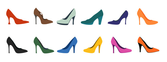 Fototapeta premium set of womans shoes heels flat style vector illustration isolated on white background