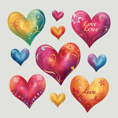  Collection of colorful hearts with love designs isolated on transparent background
