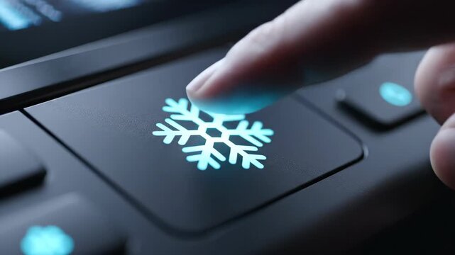 Finger pressing a snowflake button to activate the air conditioning. Close-up of a climate control panel with an illuminated symbol. Modern cooling technology concept