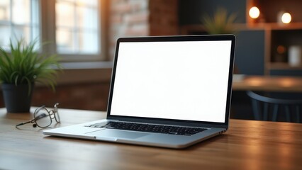 laptop with blank screen on table indoor workspace scene concept of technology business, digital marketing, freelance work