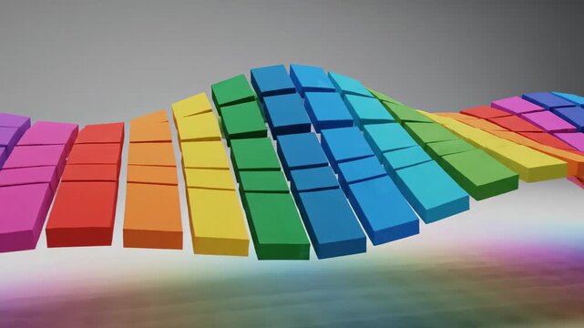 Abstract rainbow wave of colorful blocks creating a dynamic and flowing visual effect