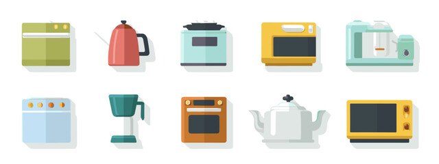 Fototapeta premium Modern Kitchen Appliances and Utensils Flat Illustration Set