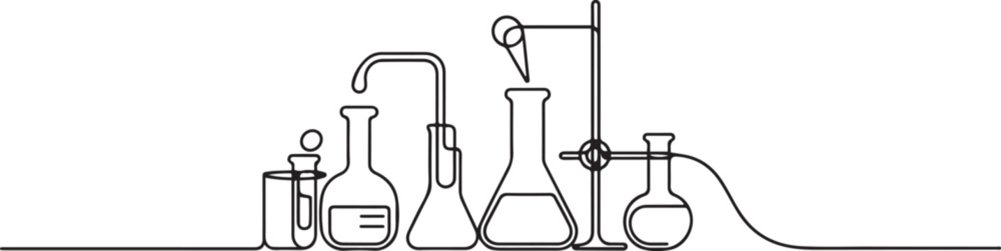 One continuous line of a collection of glass tubes of chemical lab equipment. one line Icon drawing
