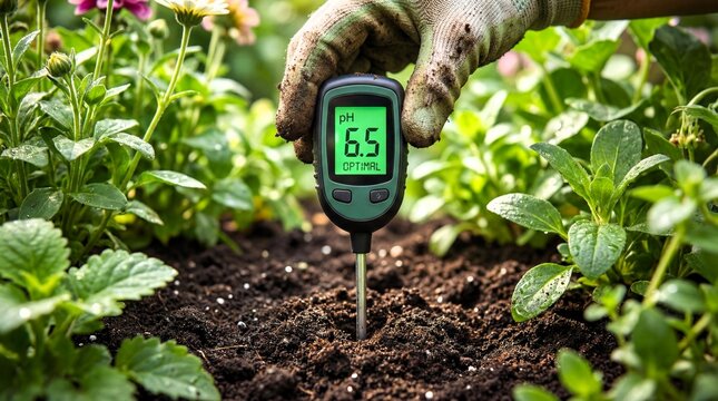 Gardener checking soil pH level with a digital meter in a lush garden setting