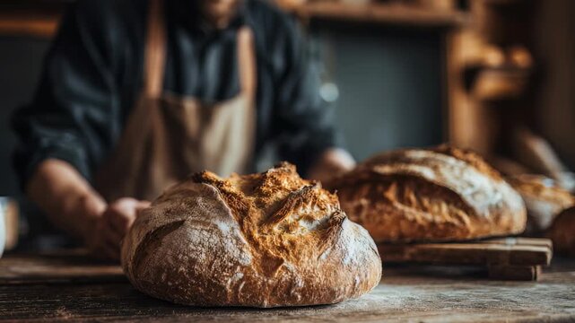 Freshly baked rustic bread loaves rest on a wooden table in a cozy artisan bakery, with a baker in the background preparing more bread. Warm natural light highlights the crusty texture