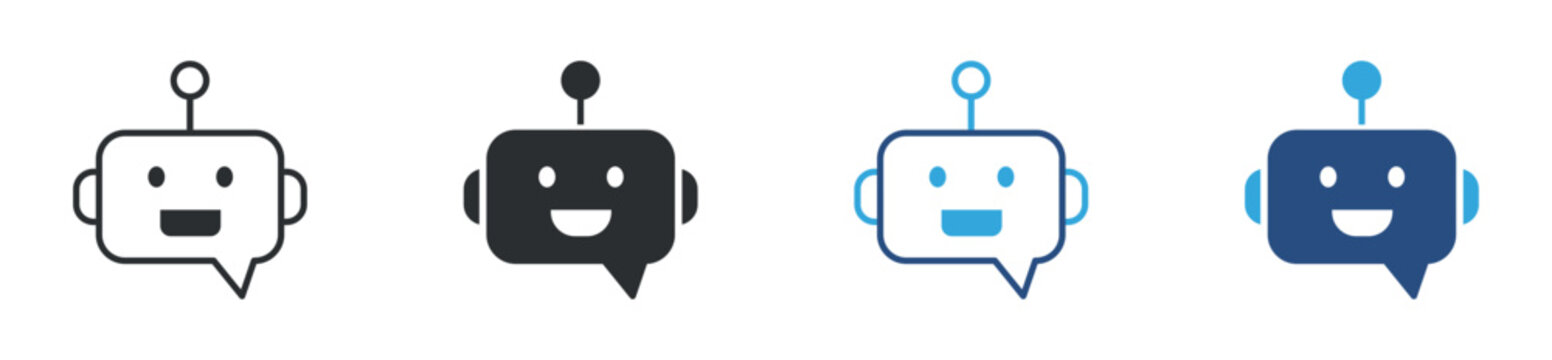 Chatbot assistant icon set, AI support robot symbol, virtual help sign, smart technology vector illustration