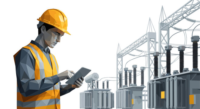 Polygonal vector art of a worker in a hardhat and vest inspecting electrical transformers using a tablet, at a power substation with a white background.