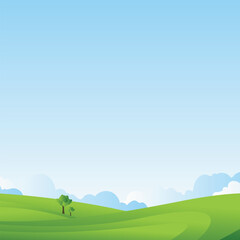 Fototapeta premium Serene green landscape with rolling hills and trees under blue sky