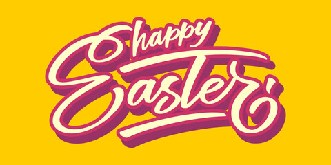 Fototapeta premium Retro Yellow Happy Easter Hand Lettering Typography. Bold Orange Script with Shadow for Vintage Inspired Urban Holiday Branding.
