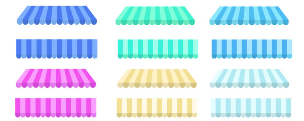 Striped Shop Awnings Set: Vector Illustration of Vintage Market Canopies Isolated on Light Background © shoab