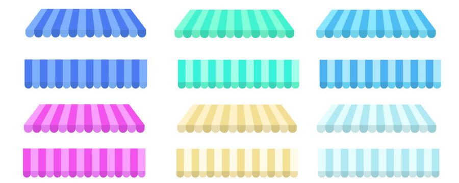 Striped Shop Awnings Set: Vector Illustration of Vintage Market Canopies Isolated on Light Background