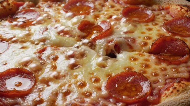 Hot pepperoni pizza cooking in a wood-fired oven during dinner time at a local pizzeria in an urban area