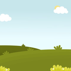 Serene green landscape with sunny sky and flowers