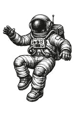 Detailed Vintage Engraved Astronaut Floating in Zero Gravity, a Retro Hand-Drawn Monochrome Woodcut Illustration of a Cosmic Explorer on an Interstellar Journey, Capturing the Mystical Allure of Space
