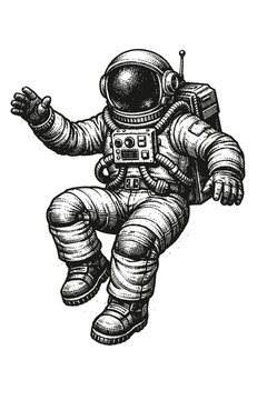 Detailed Vintage Engraved Astronaut Floating in Zero Gravity, a Retro Hand-Drawn Monochrome Woodcut Illustration of a Cosmic Explorer on an Interstellar Journey, Capturing the Mystical Allure of Space