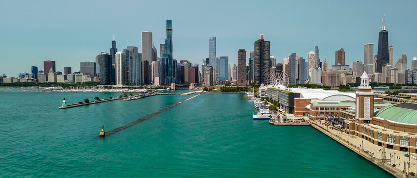 Aerial view of Chicago from Navy Pier on a beautiful summer day