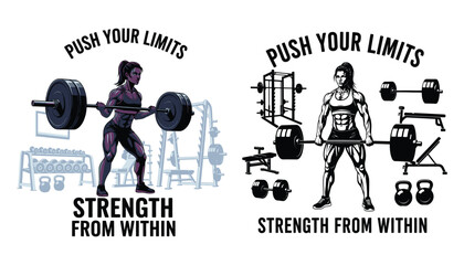 Weightlifting illustration featuring a strong woman and gym equipment promoting inner strength