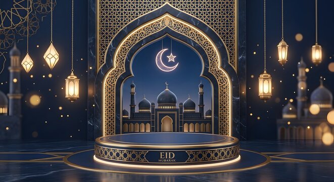 Luxury Islamic Eid Mubarak Background with Golden Arch, Crescent Moon and Lanterns