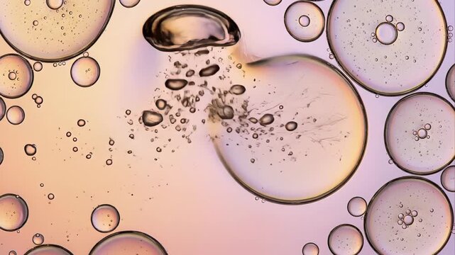 Extreme macro shot showing a chemical reaction where a dark substance is injected into a bubble, causing it to burst and release new particles, suggesting cell division or creation of new life. asmr