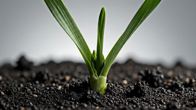 Close up of a single green seedling emerging and growing from rich, dark soil representing the beginning of new life, agriculture, and concept of spring against a clean, plain background timelapse